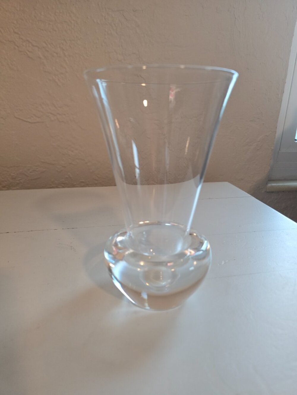 Vintage Mid Century Clear Crystal Trumpet Vase, Heavy Bulbous Base - Signed